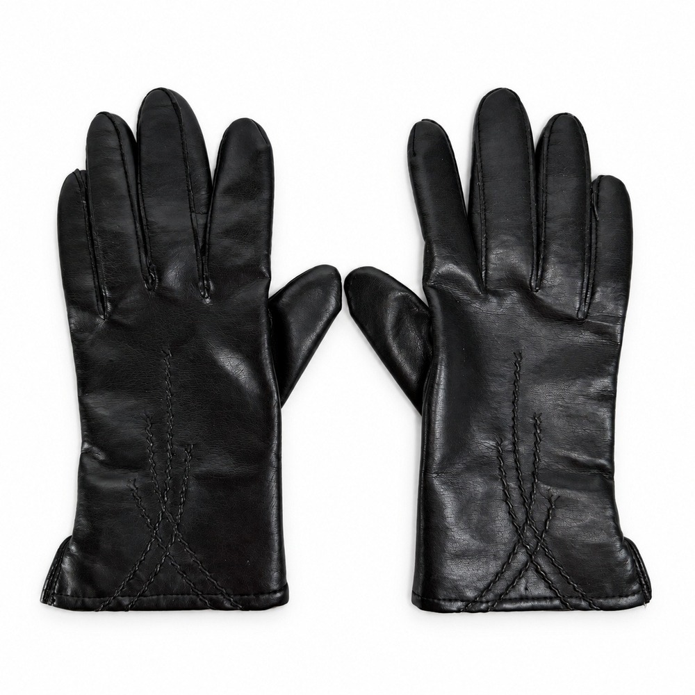 Vintage Gloves Black Vinyl Rabbit Fur Trim Acrylic Lined Winter Chic Size B
